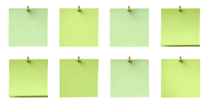 Nine light-green sticky notes, each with a gold paperclip