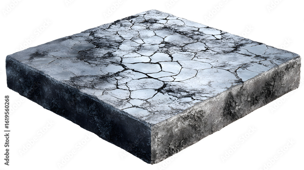 Poster isolated gray stone platform with textured surface showing cracks and edges, for object placement on