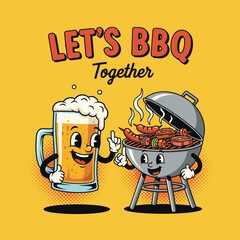 beer glass and barbecue grill Retro cartoon