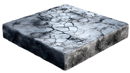 Isolated gray stone platform with textured surface showing cracks and edges, for object placement on a transparent background, PNG image, PNG file.