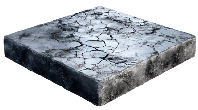 Isolated gray stone platform with textured surface showing cracks and edges, for object placement on a transparent background, PNG image, PNG file.