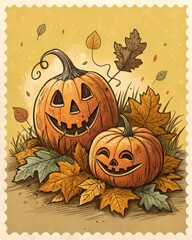 Pumpkin Jack O’ Lanterns with Leaves and Curly Stem Halloween Art