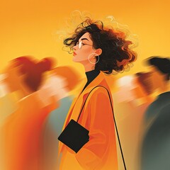 Woman in Orange Coat Walking Through a Blurred City Crowd