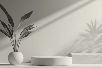 Minimalist, sunlit, empty display podium with potted plant