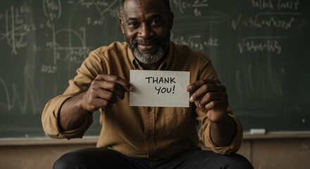 close-up portrait of a teacher holding a 'Thank You' note in front of a chalkboard