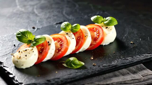 Fresh caprese salad featuring sliced tomatoes and mozzarella on a dark slate background