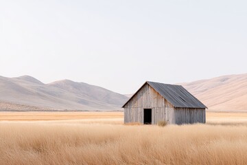 Rustic wooden barn stands alone in a vast golden field, surrounded by rolling hills and mountains under a clear blue sky, evoking tranquility and solitude