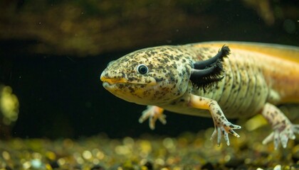 Close-up of an aquatic salamander with mottled skin and feathery gills, swimming near a dark gravel bottom