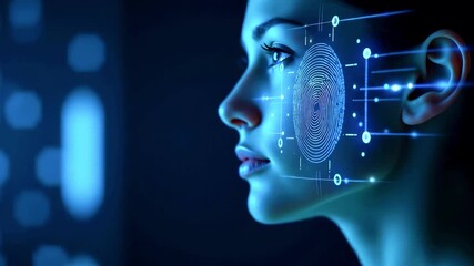 Futuristic woman with biometric facial recognition technology overlay, showcasing innovation and security - Powered by Adobe