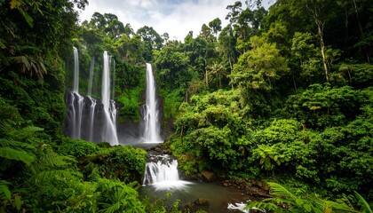 Lush waterfall cascading through dense jungle (1)
