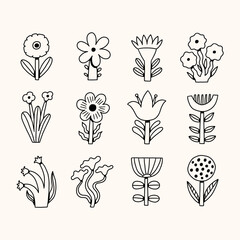 Doodle Nordic Spring Flower with Leaf Icon Set. Cute Floral Plant Element Collection. Vector Black Line Hand Drawn Illustration