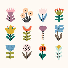 Spring Flower with Leaf Doodle Icon Set. Cute Floral Plant Element Collection. Vector Flat Illustration