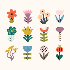 Spring Nordic Flower with Leaf Icon Set. Cute Floral Plant Element Collection. Vector Flat Illustration