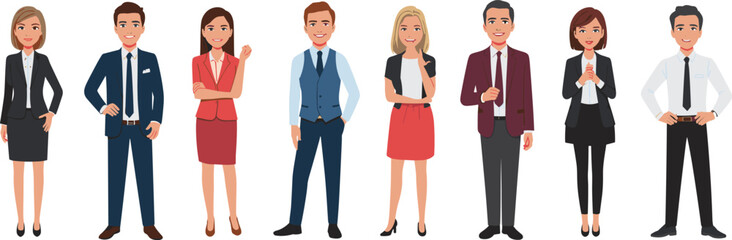 Diverse Business People Characters Set: Professional Men and Women in Formal Attire, Ideal for Corporate, Office, and Teamwork Concepts, Flat Vector Illustration.