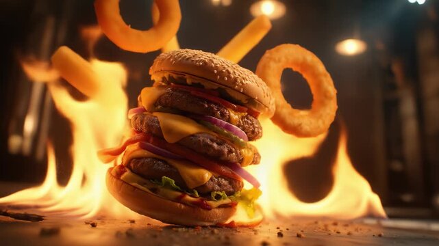 A burger is exploding in a fiery mess. The burger is a large, thick, and juicy burger with lots of toppings, including onions, cheese, and bacon