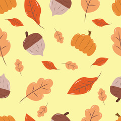 Pumpkin, orange leaves, and an acorn on a yellow background. Autumn seamless pattern for clothing, fabric, wallpaper, backdrop, home decoration, cover book, and wall art.