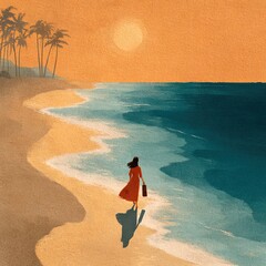 Woman in Red Dress Walking on a Tropical Beach at Sunset