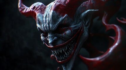 Eerie horned demon with bloody grin, perfect for horror games and dark fantasy illustrations