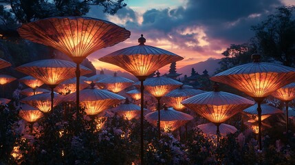 Enchanting garden aglow with illuminated parasols at twilight in magical Bali landscape dreamscape