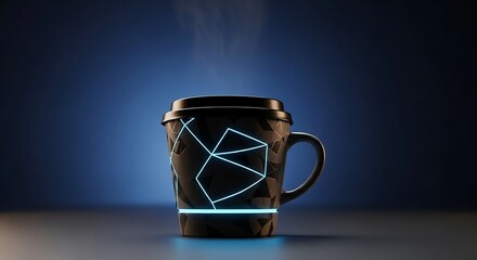Futuristic Coffee Mug with Glowing Geometric Design and Steaming Aroma Perfect for Tech Enthusiasts and Modern Lifestyle