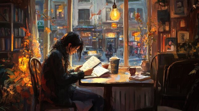 Woman Reading by Window in Cozy Cafe: Autumn Vibes, Parisian Setting