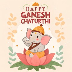 Fototapeta premium Flat Ganesh Chaturthi concept, Indian festival Ganesh Chaturthi banner with lord ganesh design 
