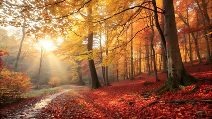 Golden autumn leaves carpet the forest path, vibrant with the season's colorful foliage