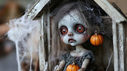 Spooky Halloween doll with pumpkin earring and cobwebs perfect for eerie autumn moodboards