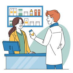 Pharmacist assisting customer with medication pharmacy medicine