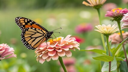 A monarch butterfly with colorful orange and black wings sips nectar from a vibrant flower in a summer garden