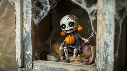 Eerie Halloween doll with pumpkin earrings and cobwebs creates spooky seasonal atmosphere