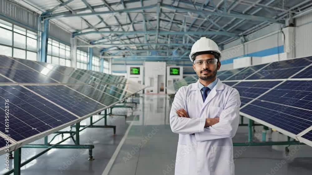 Poster engineer inspecting solar panel production in an automated factory