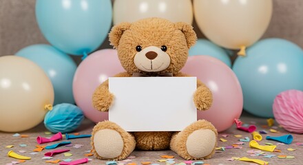 Ideal for a baby shower or birthday, a sweet teddy bear offers a blank sign among festive decorations.
