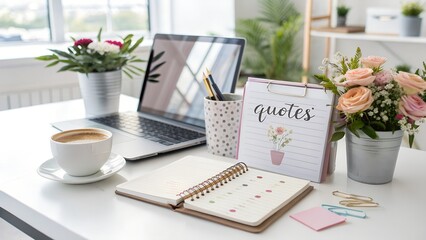 A warm cup of coffee sits on a business desk with a notebook and pen, ideal for a productive morning at home or the office