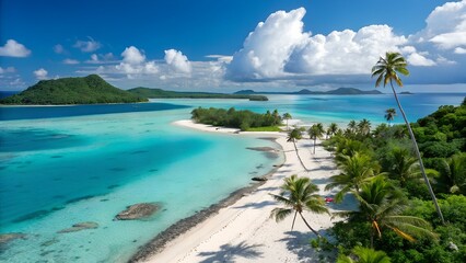 A tropical island paradise unfolds with a clear turquoise sea meeting a sandy beach under a summer sky, inviting the perfect vacation