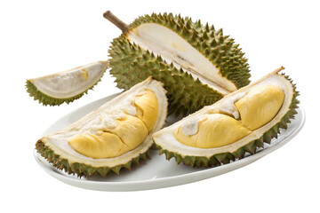 Fototapeta premium Fresh durian fruit slices on a plate isolated on transparent background