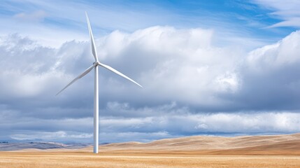 Wind turbine stands tall in a vast golden field under a dramatic sky, showcasing renewable energy and sustainable technology in nature