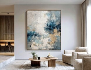 Abstract art, beige, blue, and cream tones on a large canvas, displayed in a modern living room