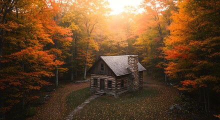 Autumn log cabin in forest