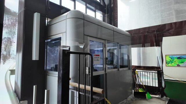 Ropeway station control cabin with a no-entry sign in Japan.