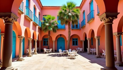 Fototapeta premium Sunlit Colonial Courtyard Vibrant Peach Walls Blue Doors and Graceful Arches with Palm Trees Creating a Welcoming Space