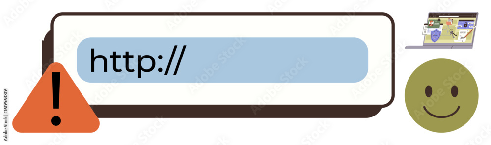 Poster url bar with highlighted text, adjacent warning triangle and happy face. laptop displaying webpage. 