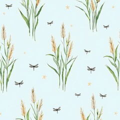 Reed and Dragonfly Pattern on Light Blue Background