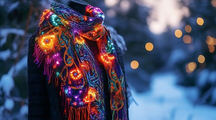 Festive winter scarf with vibrant lights glows warmly in snowy twilight, adding holiday cheer and style