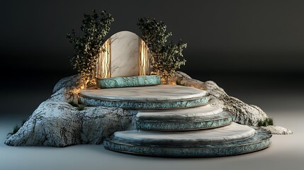 Elegant marble podium with rock and plants for product display or cosmetic advertisement backdrop