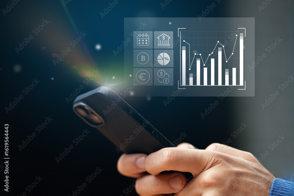 Poster monitoring financial growth using a smartphone with data visualizations displayed in a dark setting