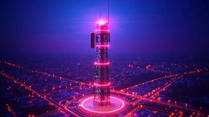 high-tech 3D render of a futuristic communication tower with glowing pink and blue lights. The style is sci-fi. Websites and blogs can use it for themes related to data, networks, communication