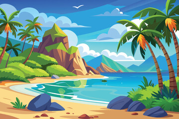 Obraz premium Cartoon Tropical Paradise Sandy Beach Turquoise Water Palm Trees and Rocky Cliffs