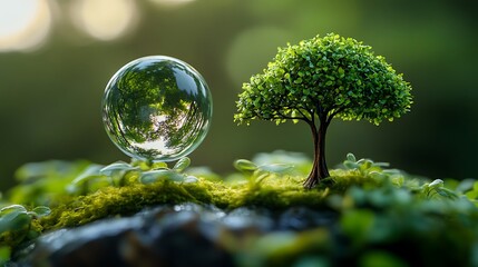 Discover the beauty of nature and reflection with captivating green tree and crystal ball scene