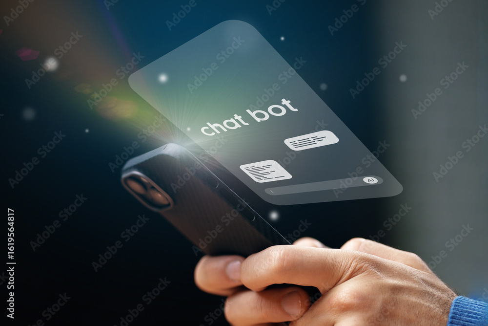 Poster user interacting with a virtual chat bot on a smartphone screen during evening hours